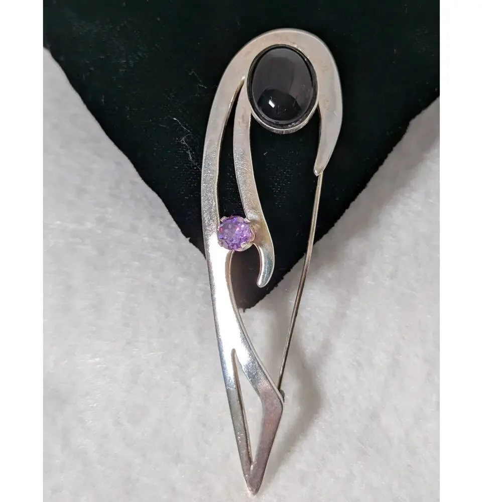 Sterling silver black onyx + amethyst Pin Handmade Large see photos measurements
